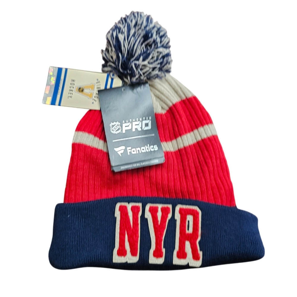 Fanatics New York Rangers NHL Vintage Hockey Cuffed Pom Beanie Hat NYR Red Blue